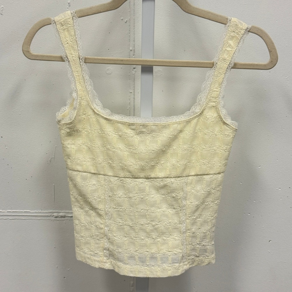 Y2K Edikted Cream Yellow Lace Trim Textured Crop Cami Top XS Coquette Balletcore